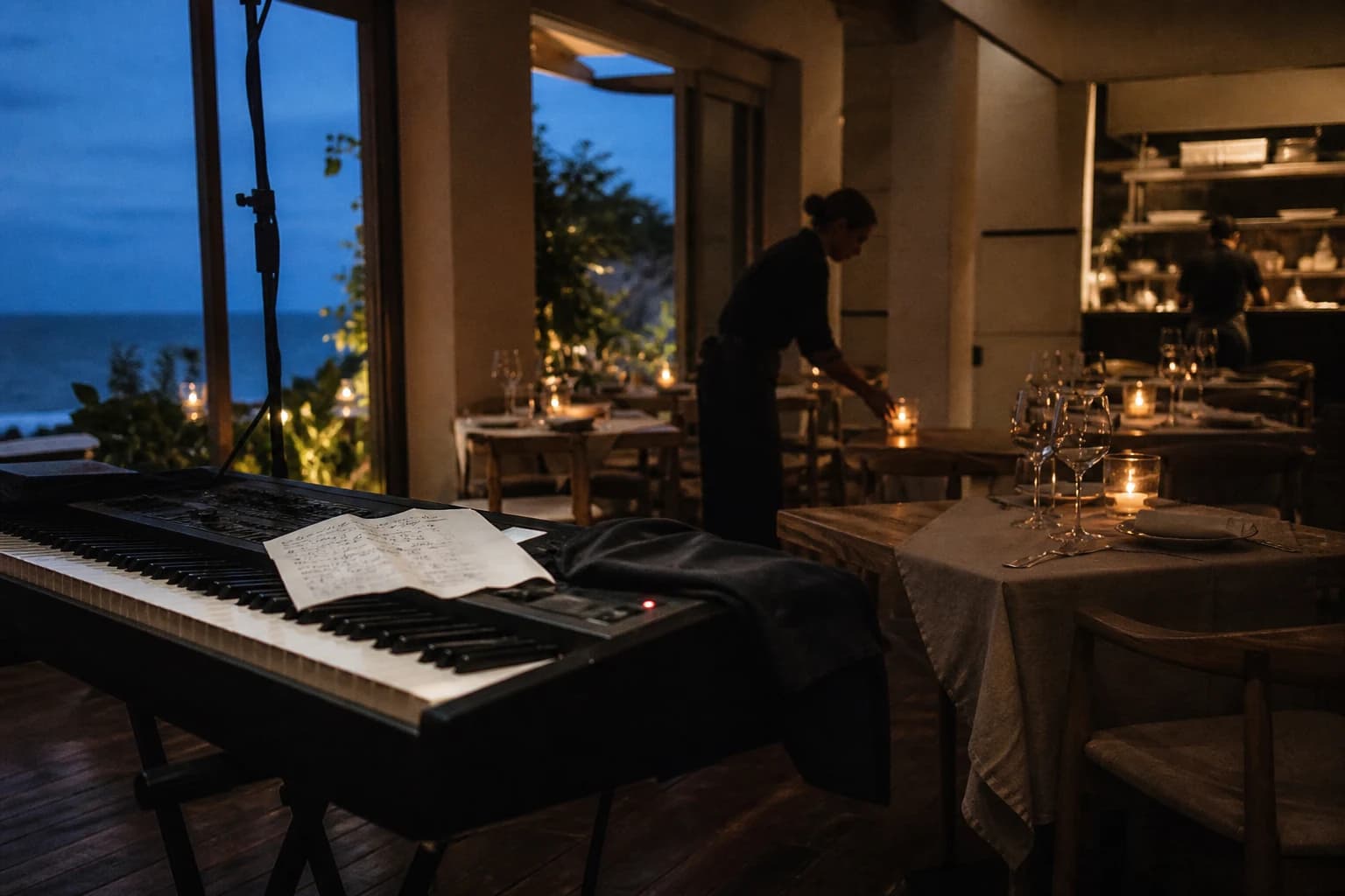 A stage keyboard beside a dining room being prepared for service