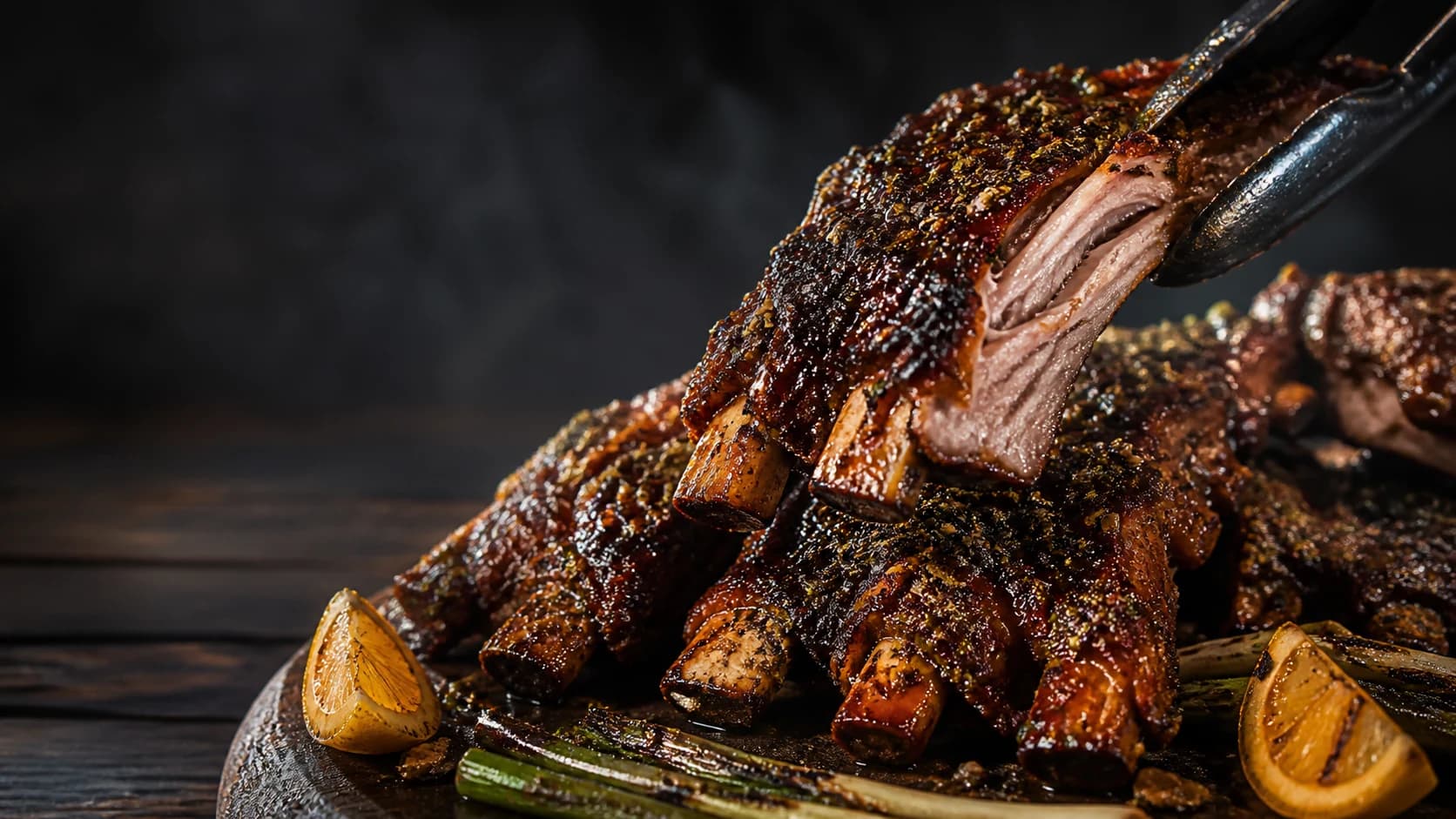 Za'atar-crusted pork ribs cooked over charcoal