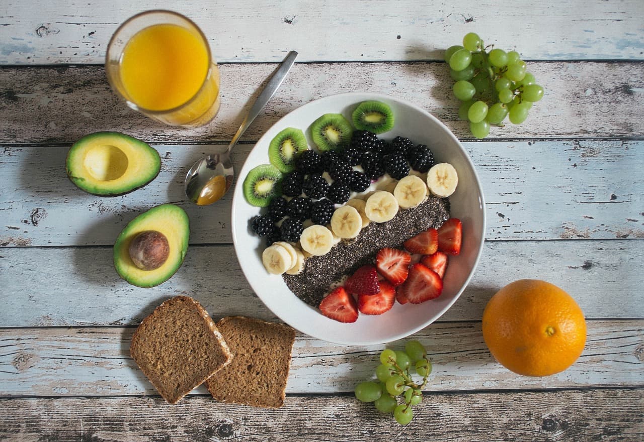 Colourful breakfast bowl with fruit and avocado